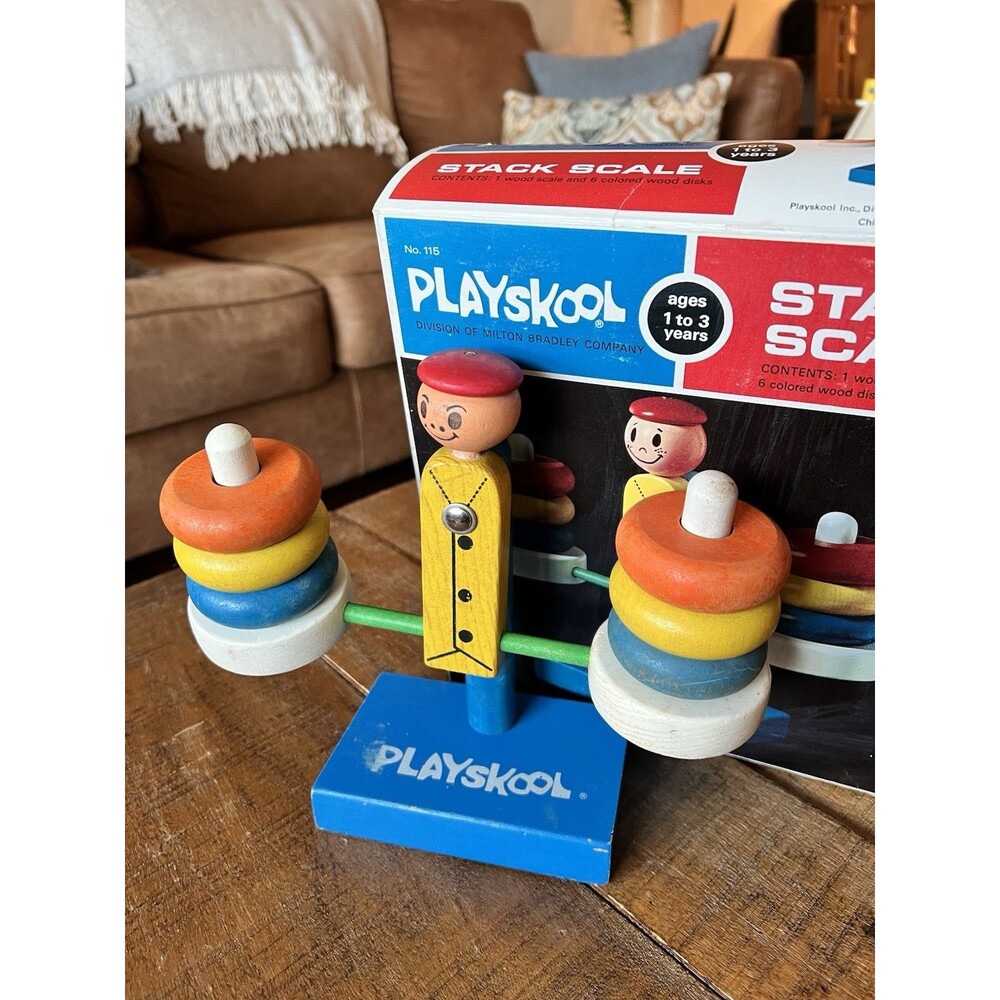 Vintage Playskool Stack Scale COMPLETE w Original box Wooden Retro Toy VERY RARE
